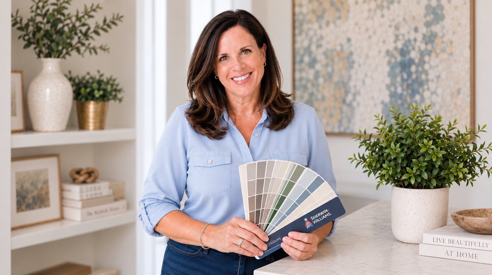 Jodi Kelly Color Consultant Monmouth County New Jersey Jodi Kelly holding a Sherwin-Williams paint fan deck