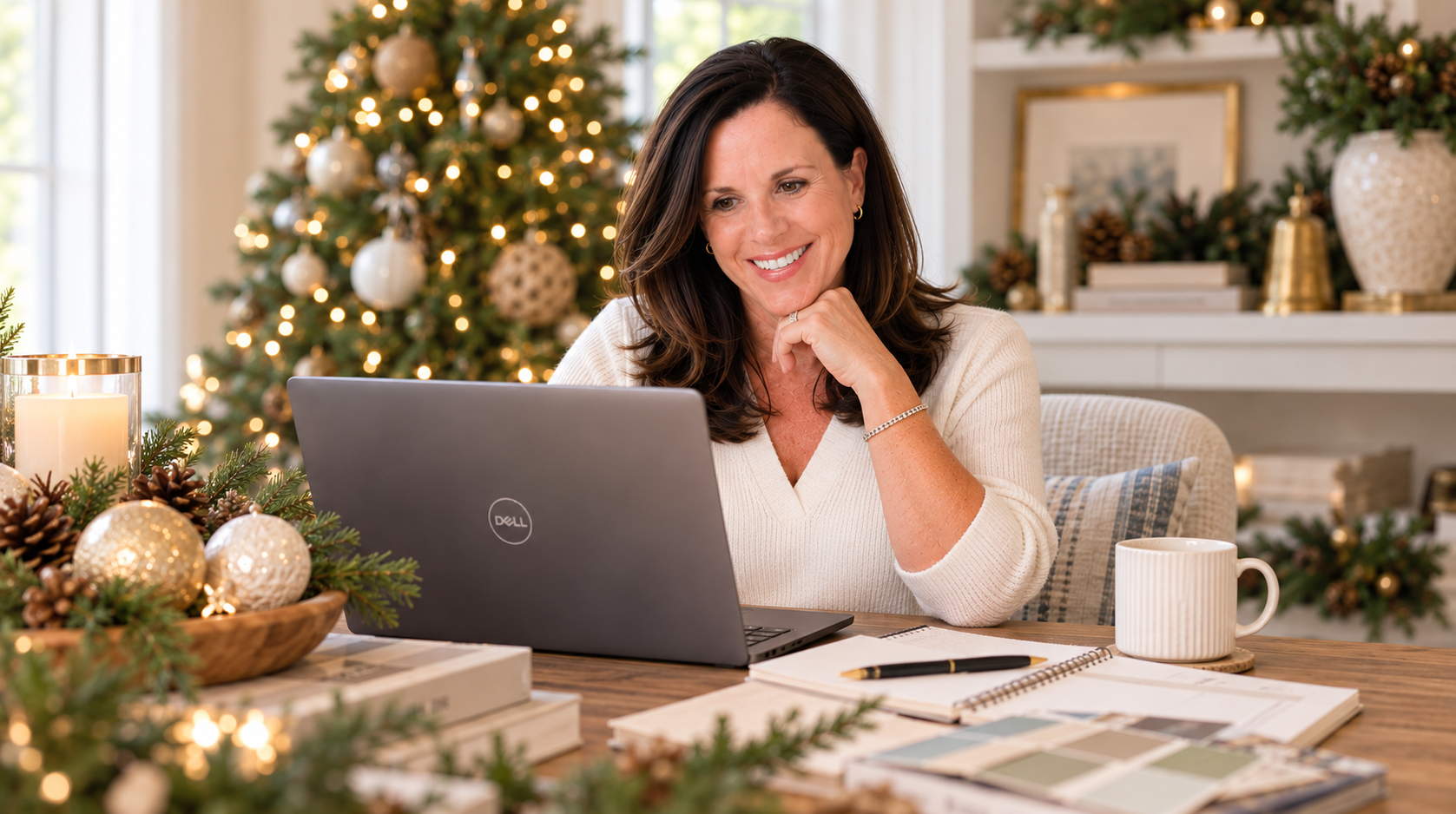 Jodi Kelly Holiday Decorator Image of Jodi Kelly sitting at a desk looking at her laptop, surrounded by Christmas holiday decor