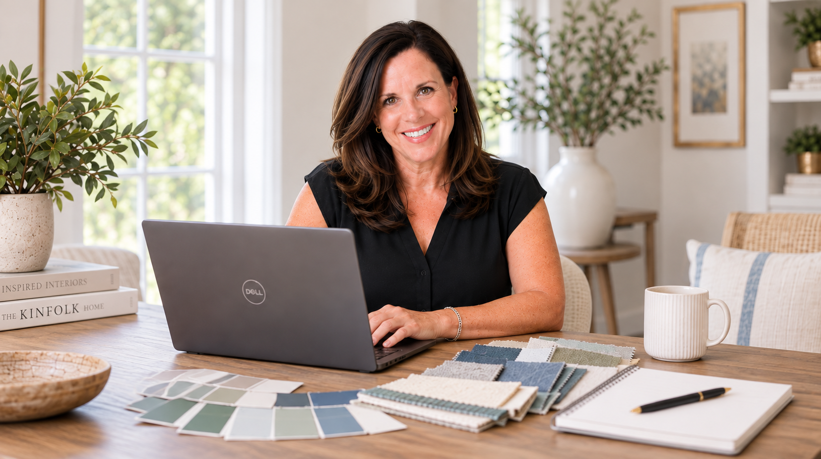 Jodi Kelly sitting at a computer with fabric and paint swatches on the desk