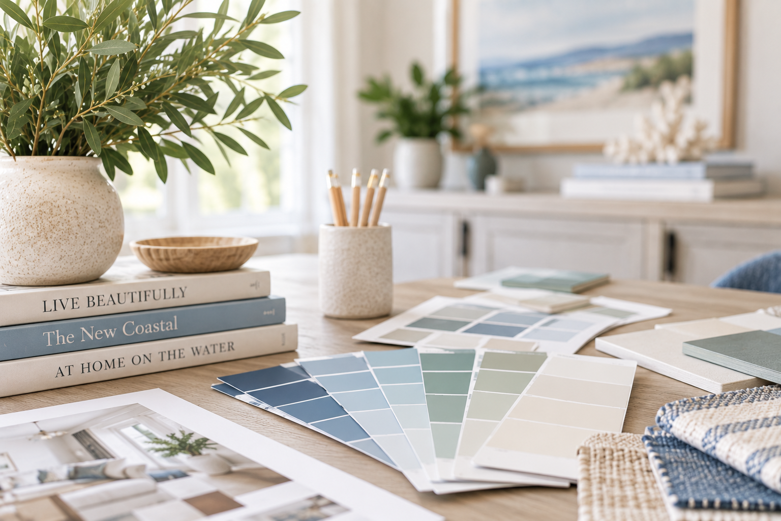 Residential Color Consulting in Monmouth County New Jersey Photo of paint and fabric swatches in coastal blues on a desk
